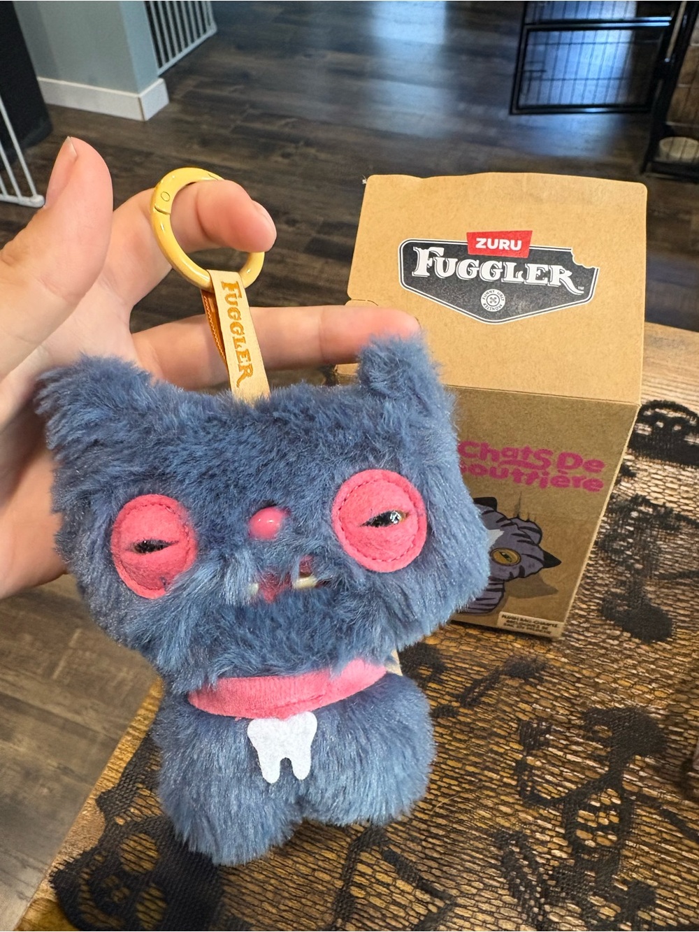 Fuggler Plush Cat Keychain - Blue with Pink Accents
